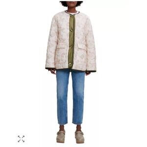 Maje Quilted Coat Jacket Large Brandino Floral Olive Green Reversible Oversized